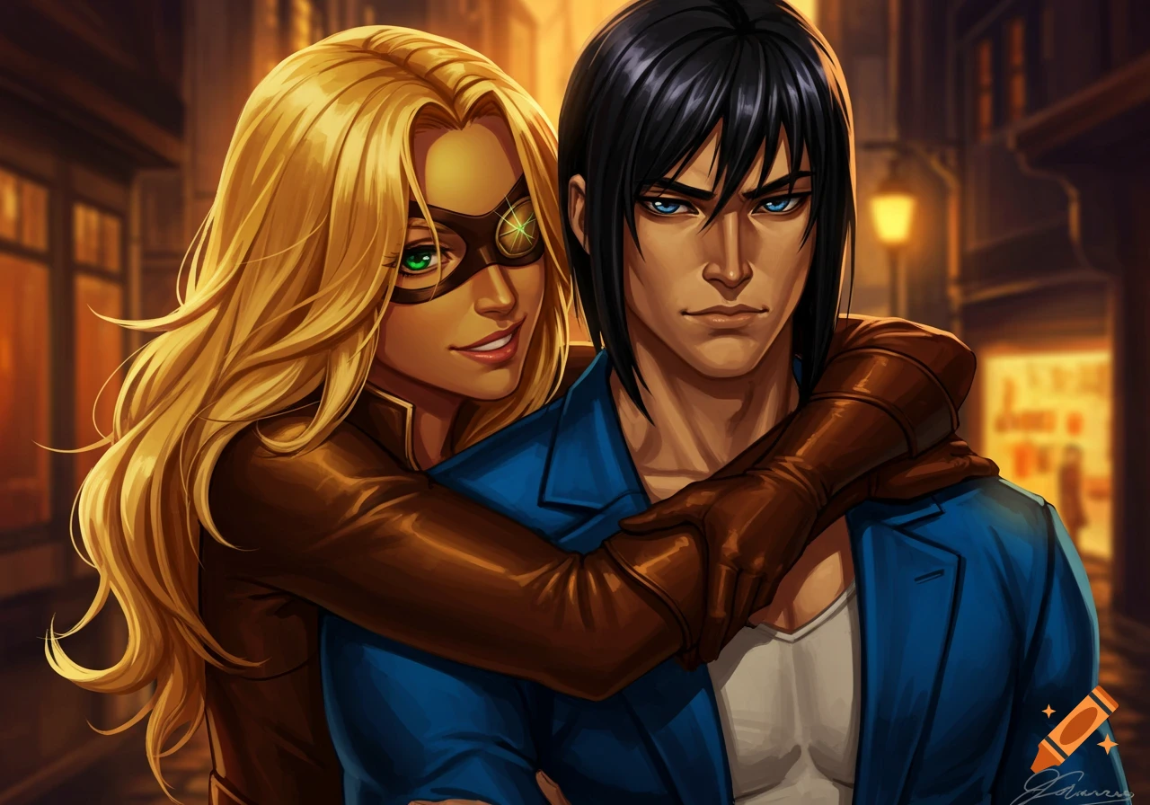 An anime-style illustration of a blonde woman in a mask hugging a dark-haired man on a city street at night.
