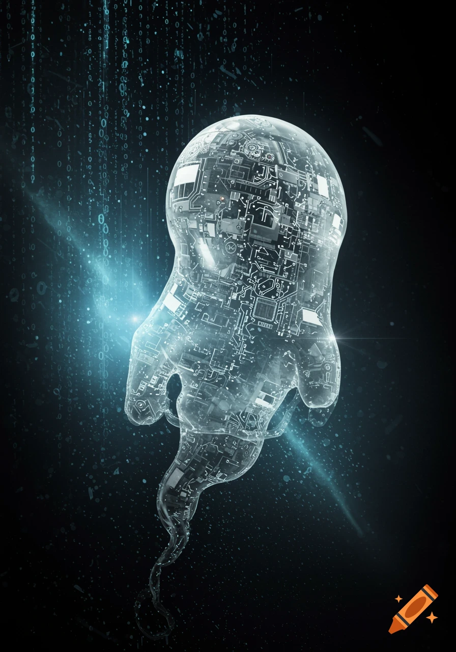 Translucent ghost-like figure filled with intricate circuits, against a dark background with falling binary code and blue light.
