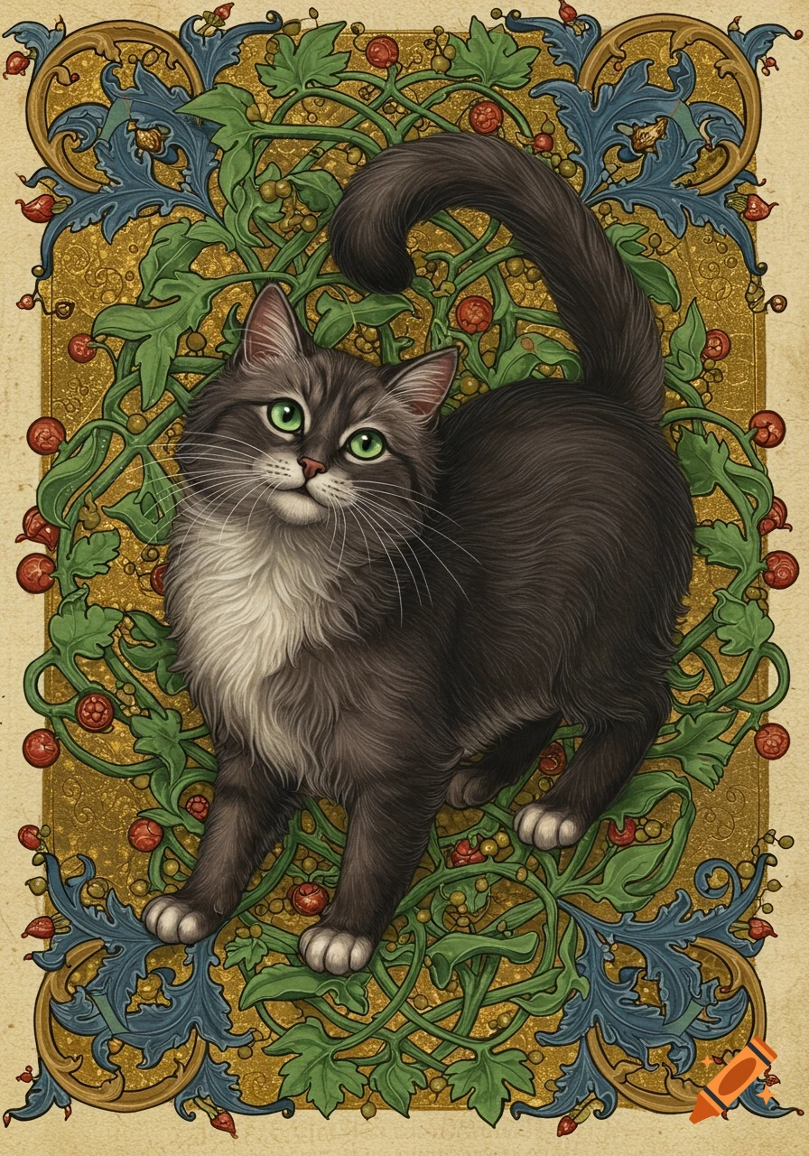 Fluffy grey cat with green eyes on a gold, green, and blue medieval illuminated manuscript background with floral patterns and berries.