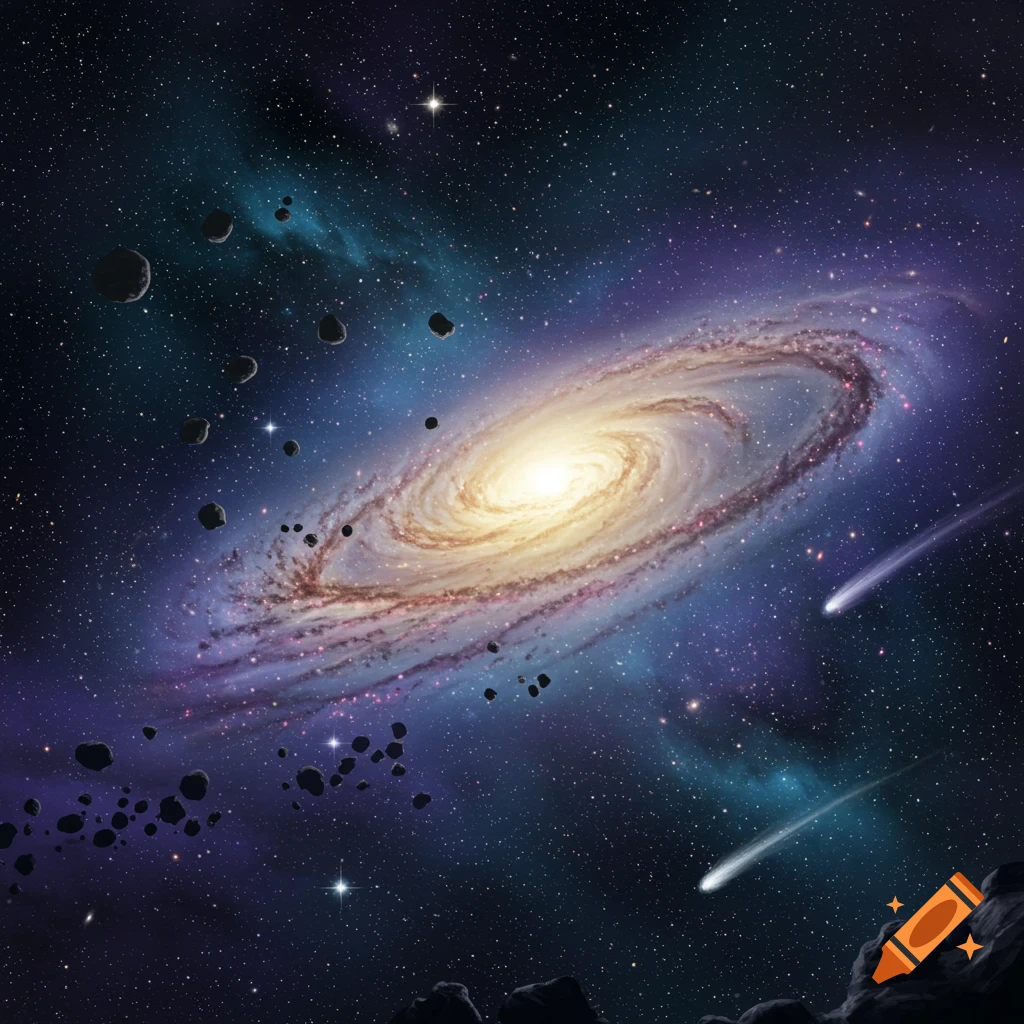 A vibrant spiral galaxy with a bright core, surrounded by asteroids and stars, with two meteors streaking through space.