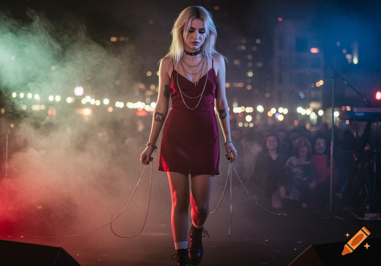 A blonde woman in a red slip dress and combat boots stands on a smoky stage, holding chains. Blurred concert lights illuminate the background.