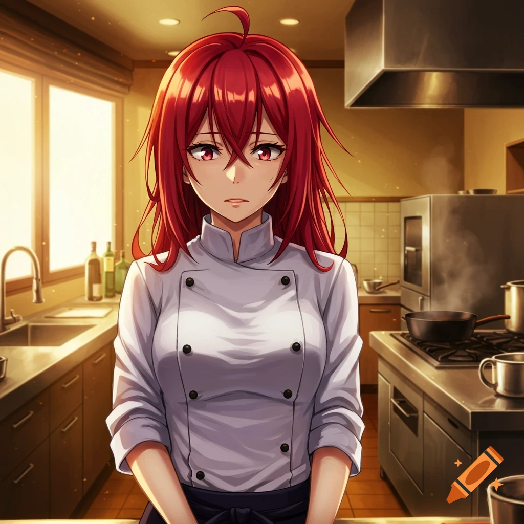 Anime chef girl with red hair and red eyes in a white uniform, standing with a concerned expression in a kitchen.