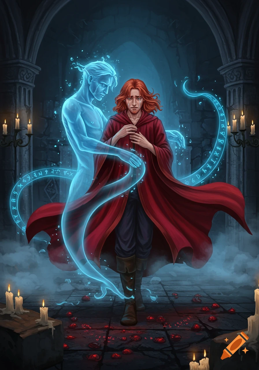 A crying man in a red cloak embraced by a glowing blue ghost in a dark, vaulted chamber with swirling magic and candles.