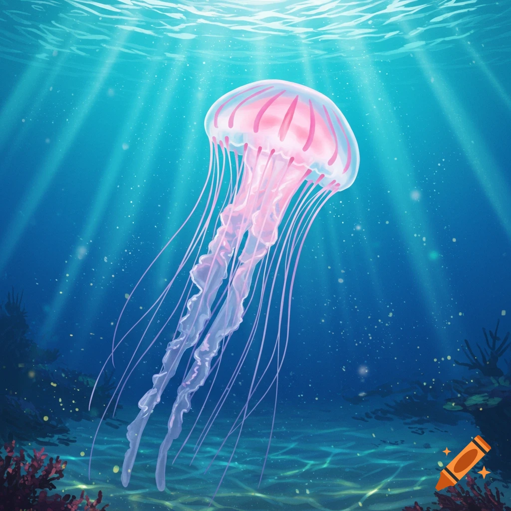 A vibrant pink jellyfish with long tentacles swims in clear blue ocean water, with light rays piercing through the surface.