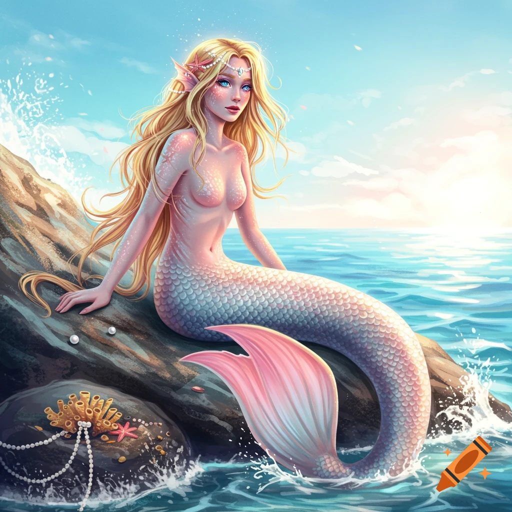 A blonde mermaid with a pink tail sits on a rock by the ocean at sunset, in a digital painting.