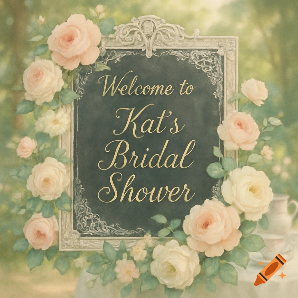 A vintage-style sign with 'Welcome to Kat's Bridal Shower' text, framed by light pink and white roses, set in a soft garden scene.