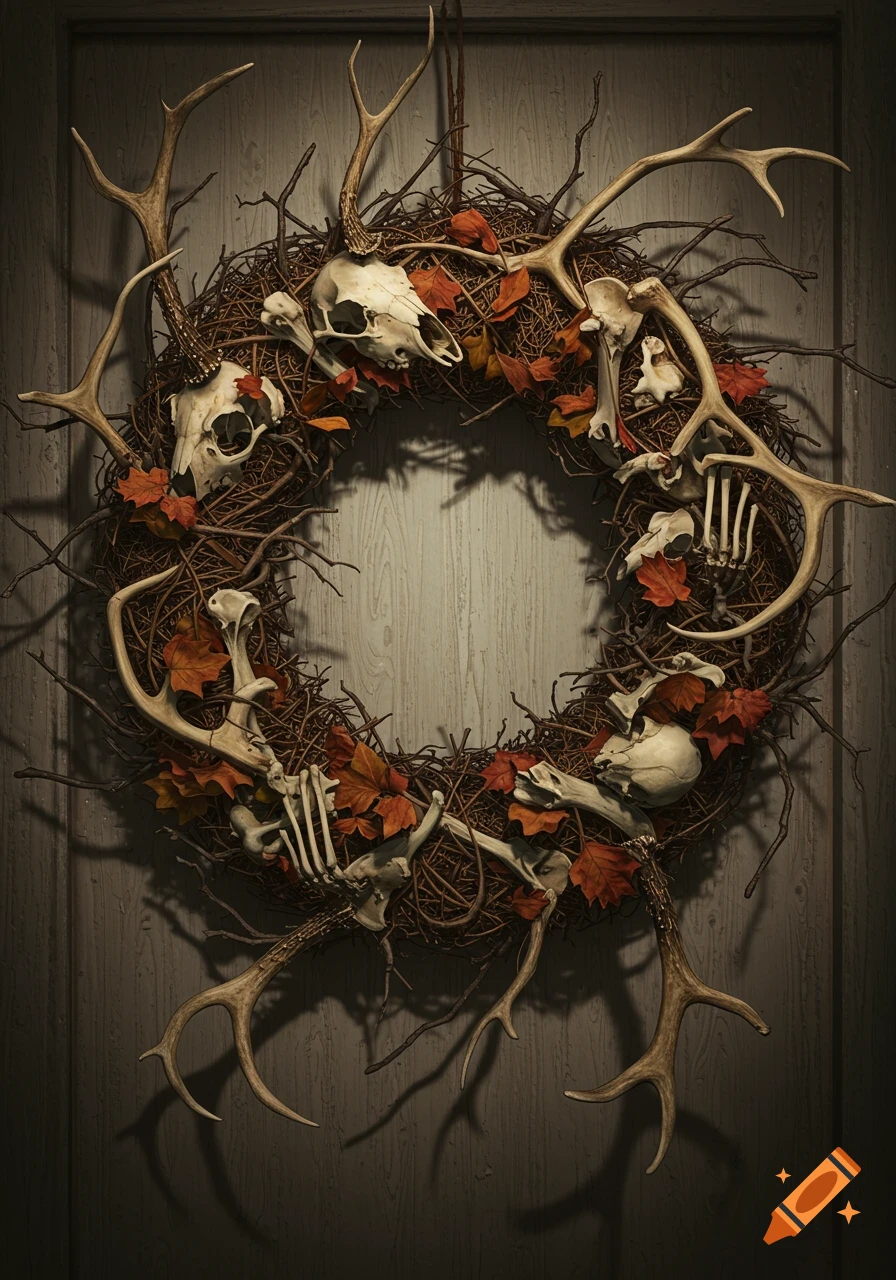 A dark gothic wreath made of twigs, autumn leaves, deer antlers, and animal bones hangs on a wooden door.