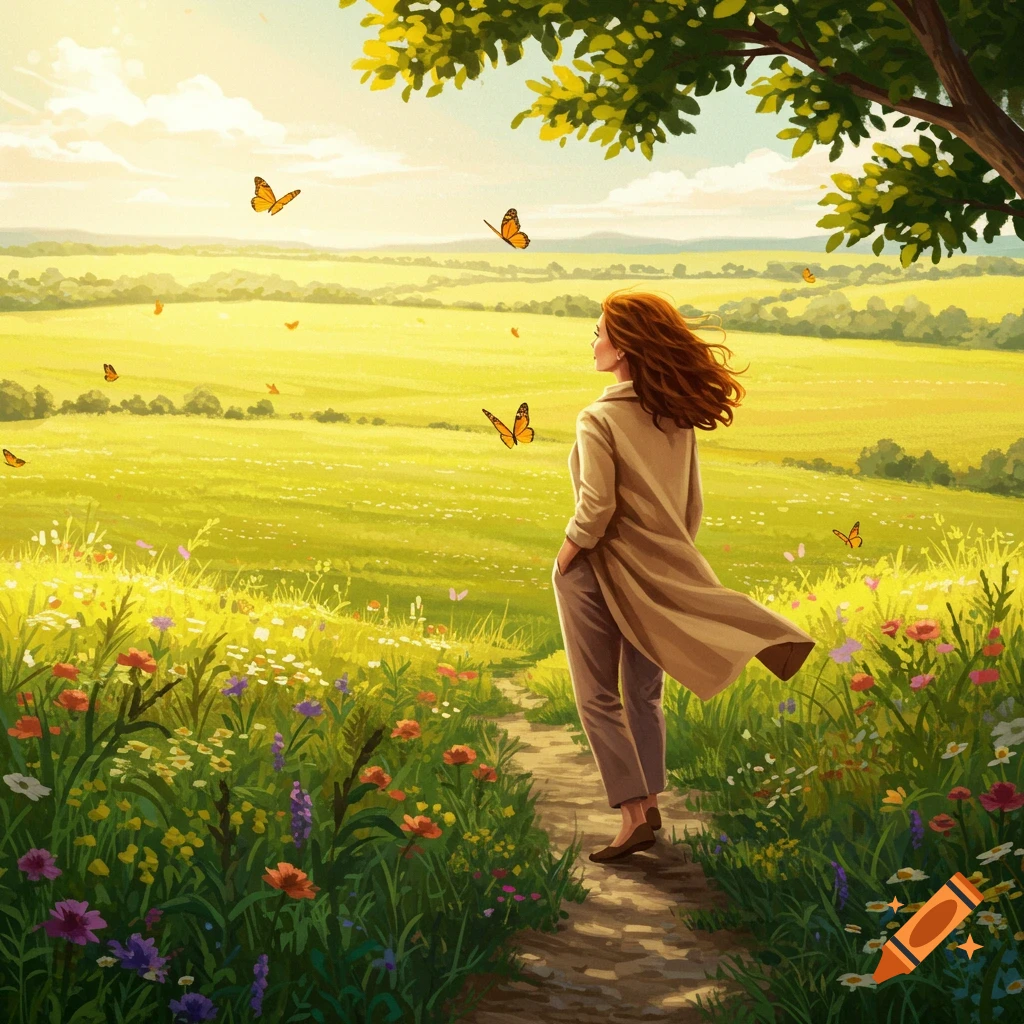 A woman in a beige coat stands on a dirt path in a sunny green field filled with wildflowers, with butterflies flying around, looking towards the horizon in a vibrant painterly style.