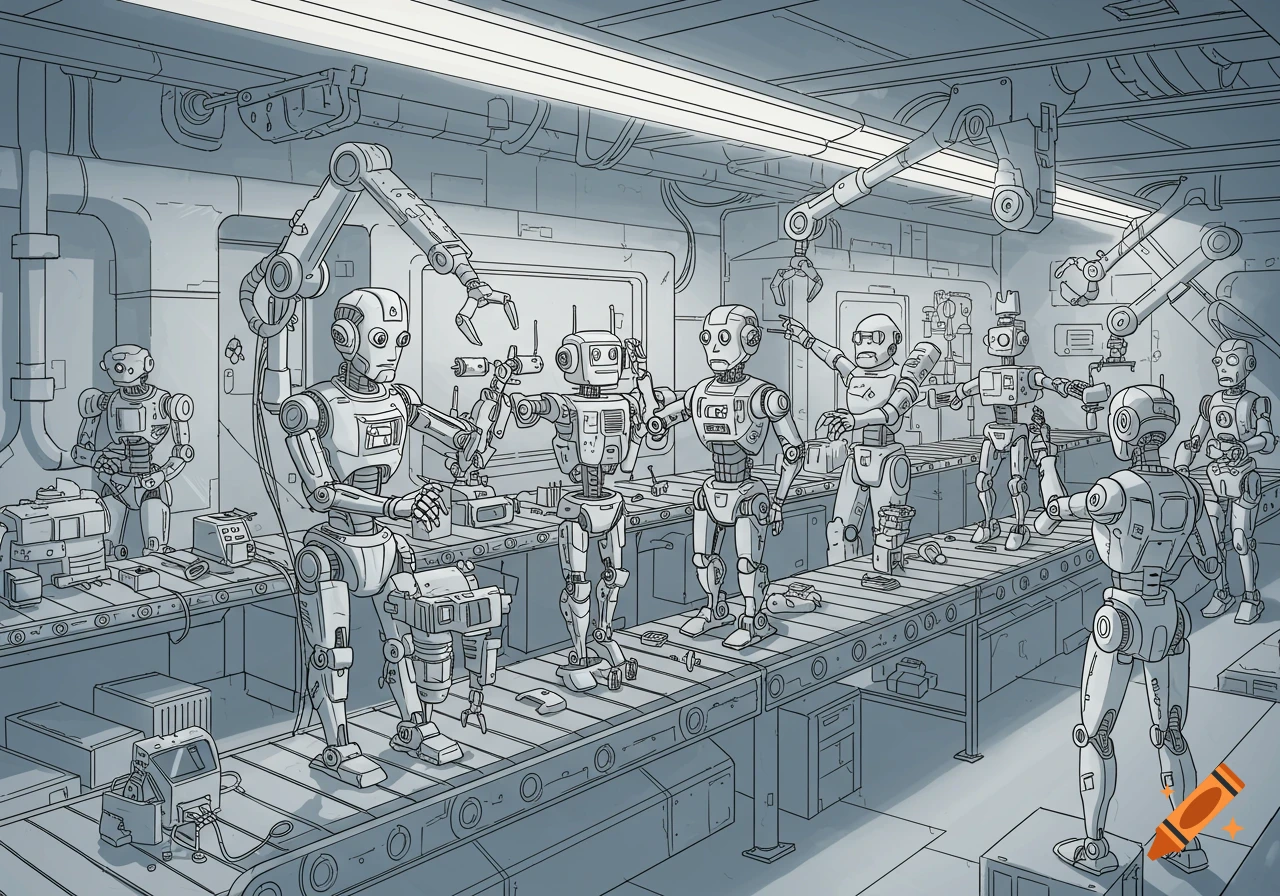 Cartoon-style line art of an assembly line in a robot factory, where robots are building other robots.