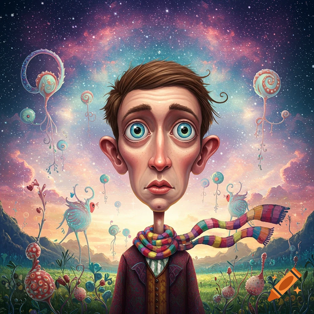 A surreal man with a large head, big eyes, and long neck, wearing a colorful scarf, stands in a whimsical fantasy landscape under a starry sky.