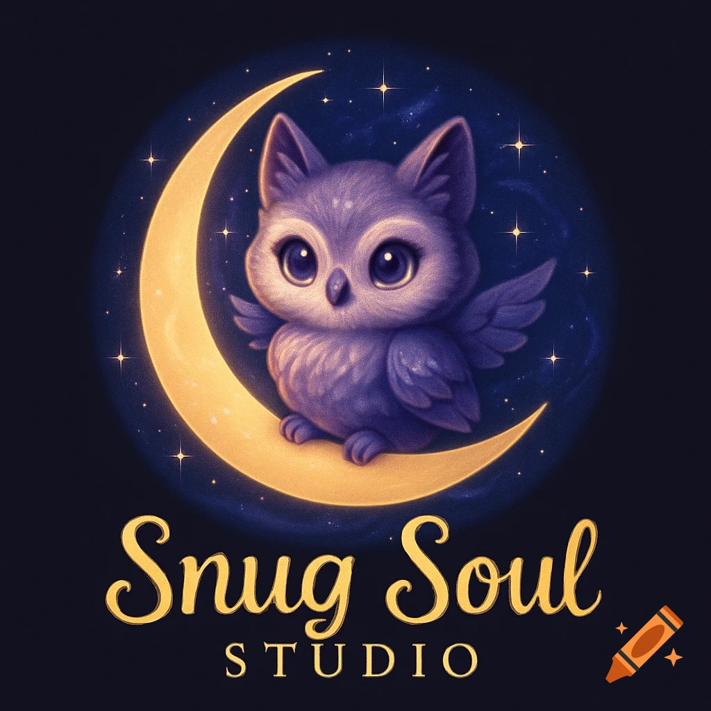 A cute, purple owl with large eyes and small wings sits on a glowing golden crescent moon. The moon is set against a dark blue starry night sky, with the text "Snug Soul STUDIO" below the moon and owl.