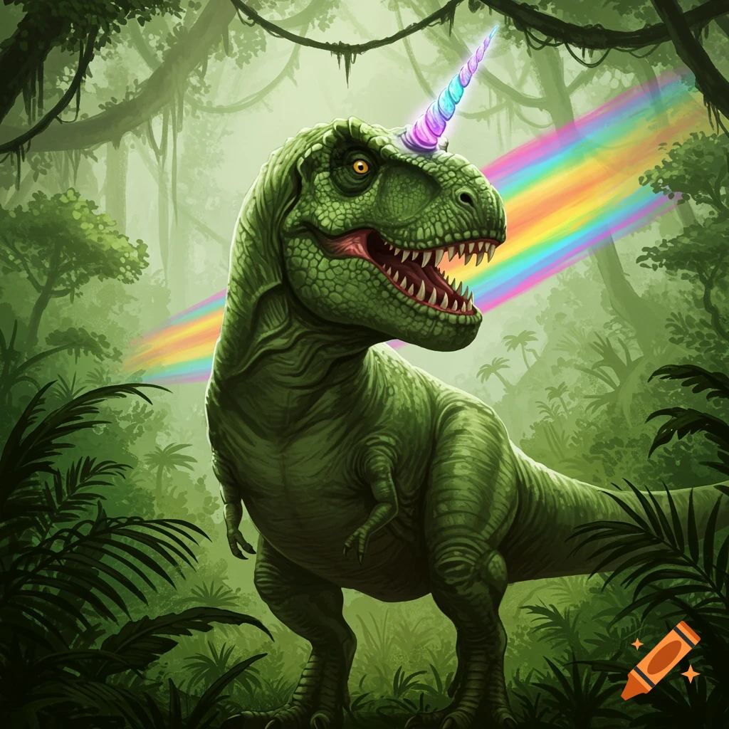 A green T-Rex with a rainbow unicorn horn stands in a lush jungle, with a rainbow trailing behind it.