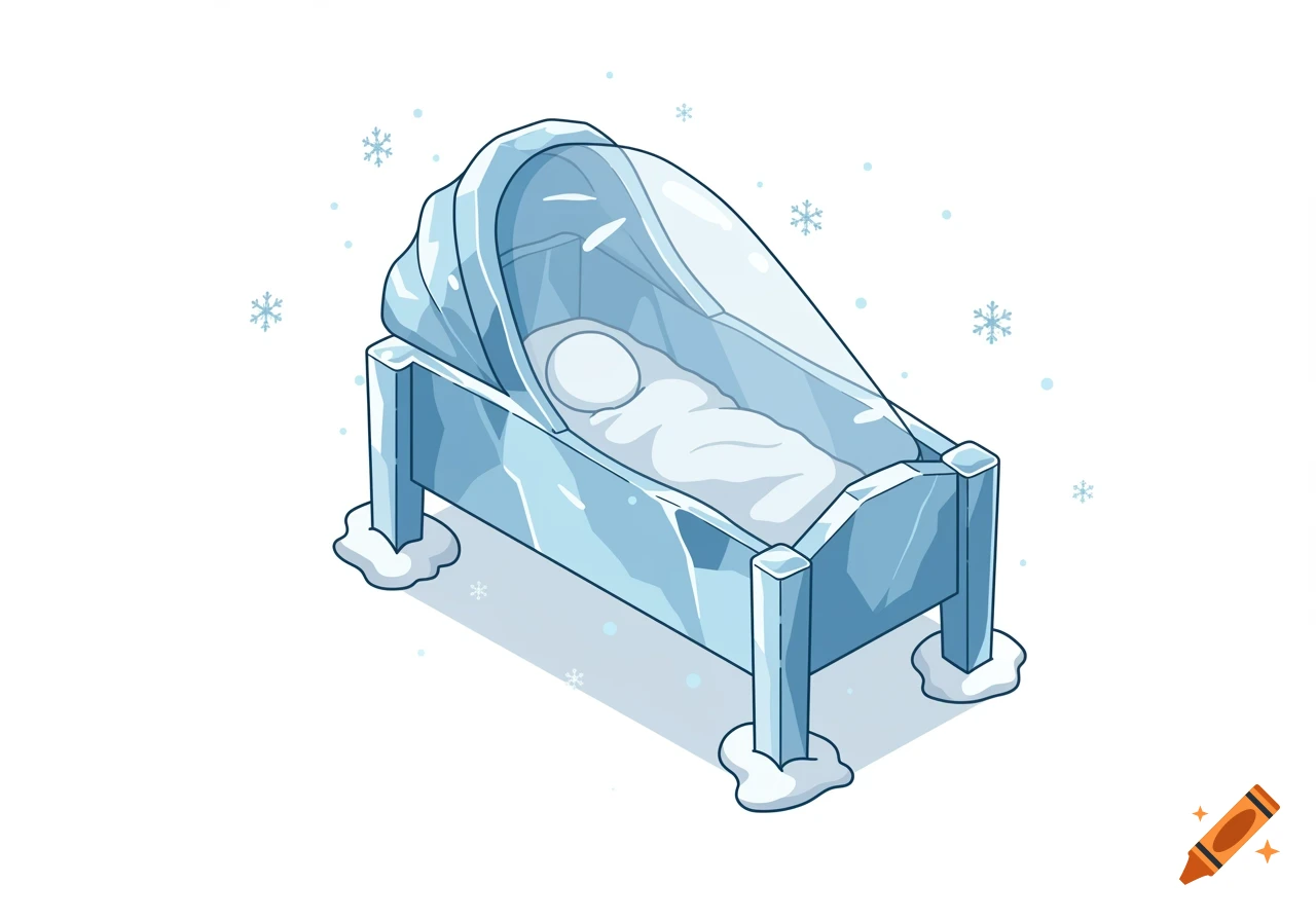 A cartoon illustration of a baby in a cold, icy blue cradle with snowflakes falling around it.