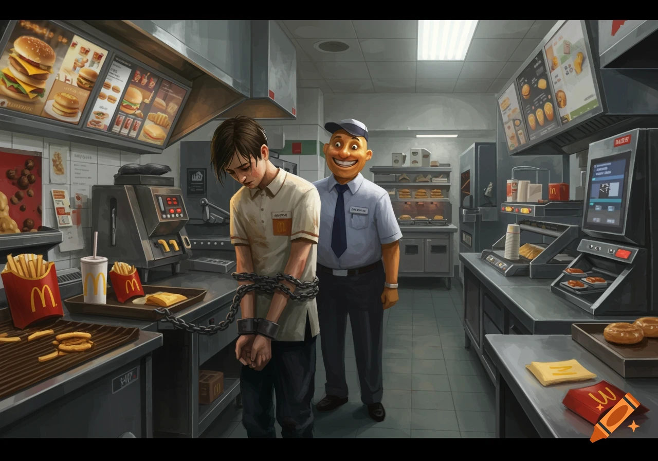 A young person with chained wrists stands by a McDonald's fry station, overseen by a smiling manager in a uniform.