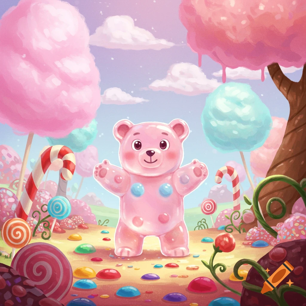 A friendly pink gummy bear stands in a vibrant cartoon candy forest with lollipops and cotton candy trees.