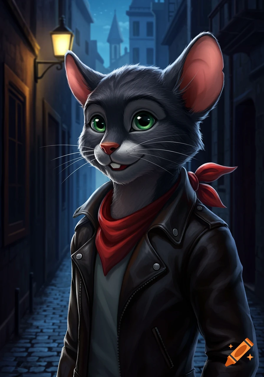 An anthropomorphic dark gray cat with green eyes, a red bandana, and a black leather jacket stands in a dimly lit alley.