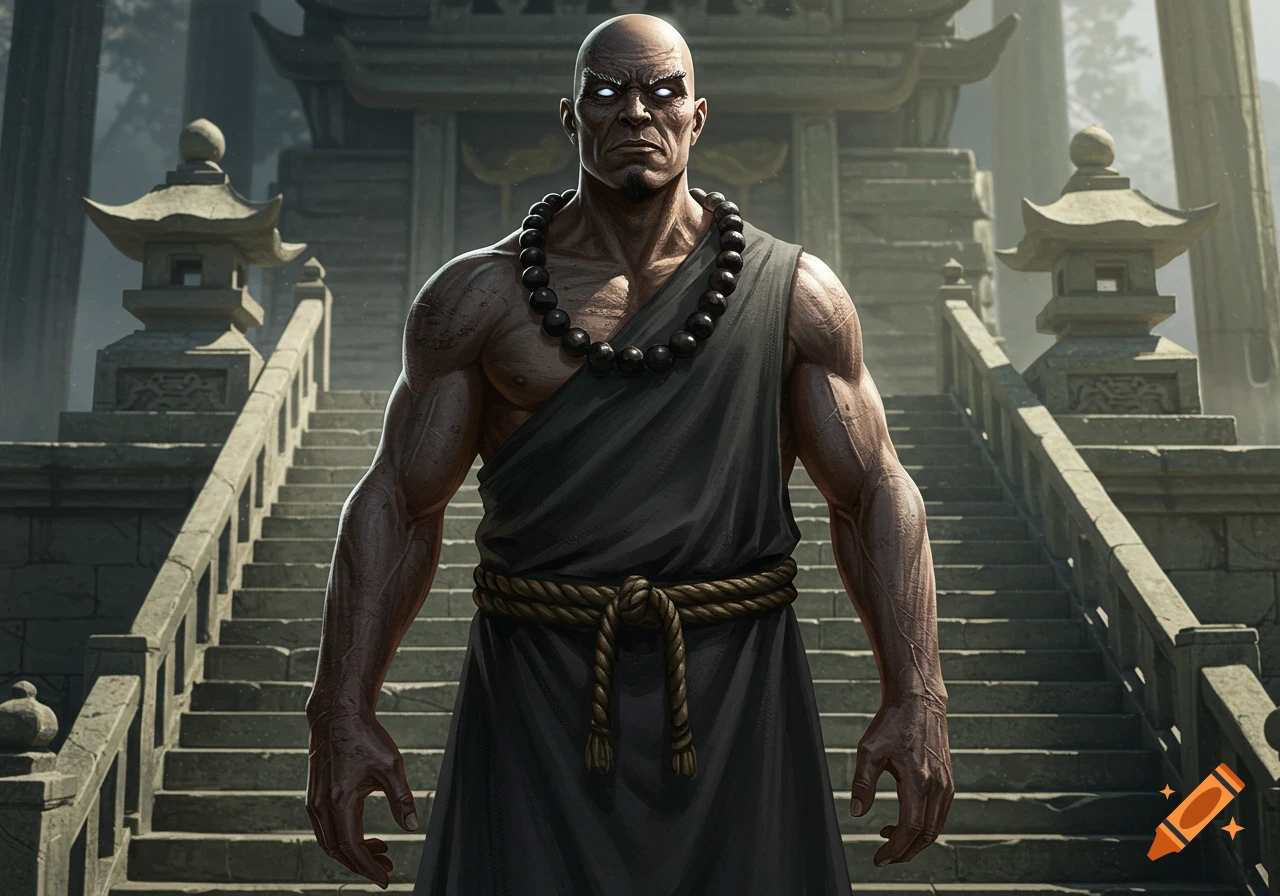A powerful, muscular bald man with glowing eyes, wearing a dark monk's robe and prayer beads, stands on stone steps before an ancient temple.