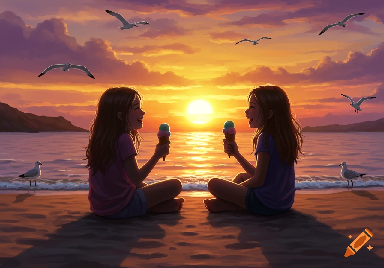 Two girls sit on a beach eating ice cream cones at sunset, with seagulls flying and standing nearby in a digital art style.