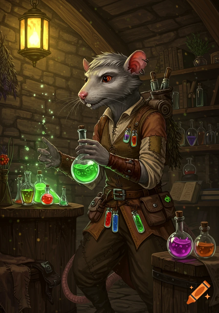 An anthropomorphic rat alchemist in a dimly lit lab holds a glowing green flask, surrounded by bubbling potions.