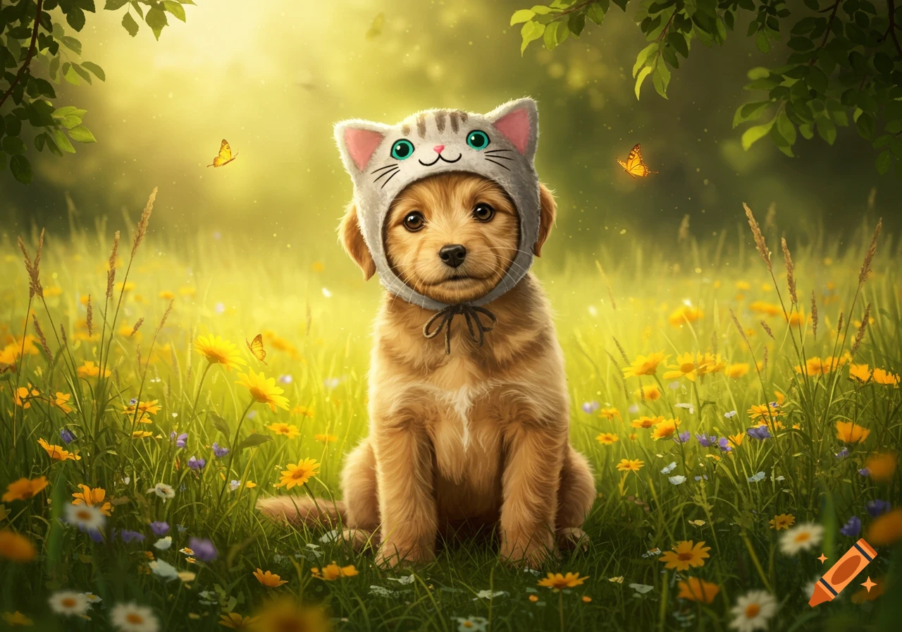 A cute golden retriever puppy wearing a grey cat hat sits in a sunlit field of yellow and purple wildflowers with butterflies.