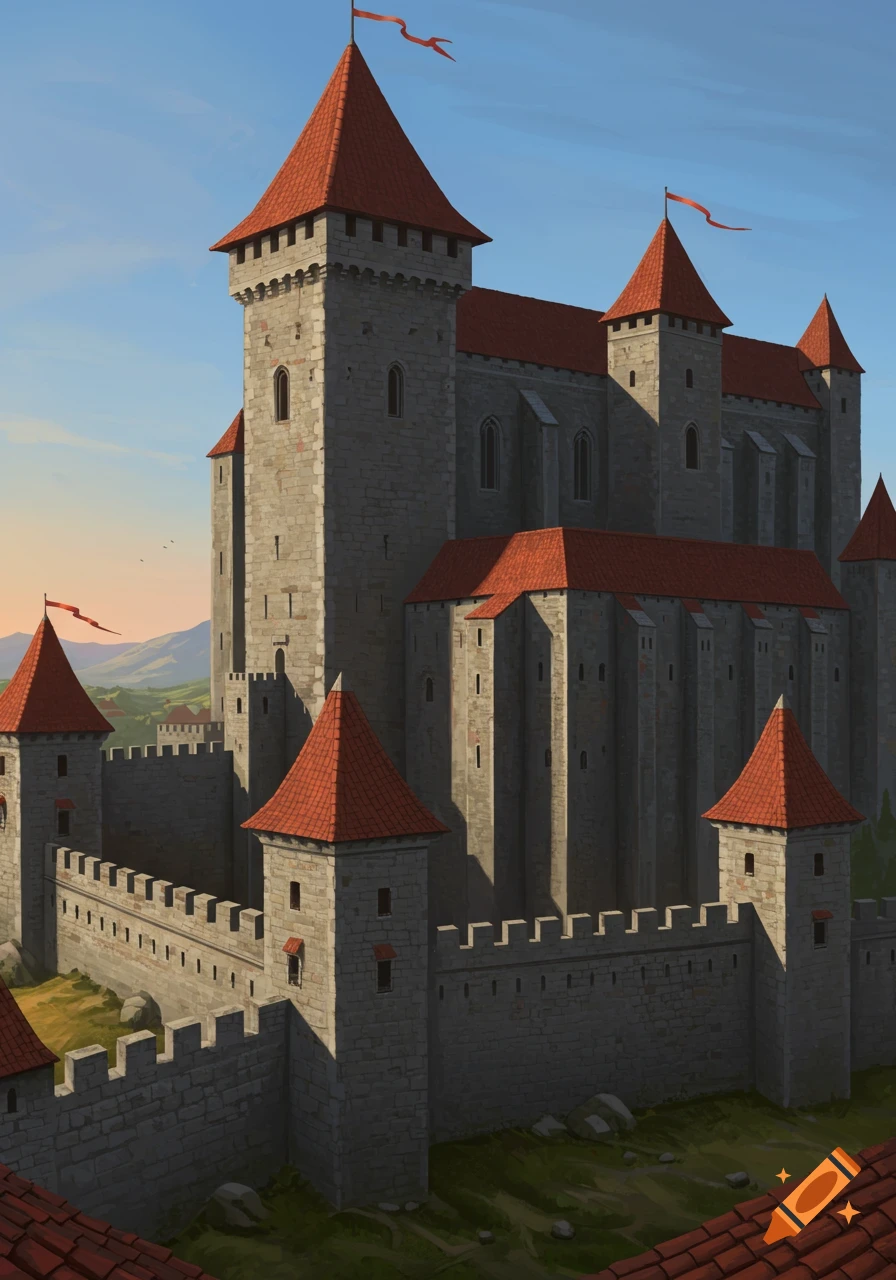A massive grey brick castle with red-tiled roofs stands against a clear sky with distant mountains.