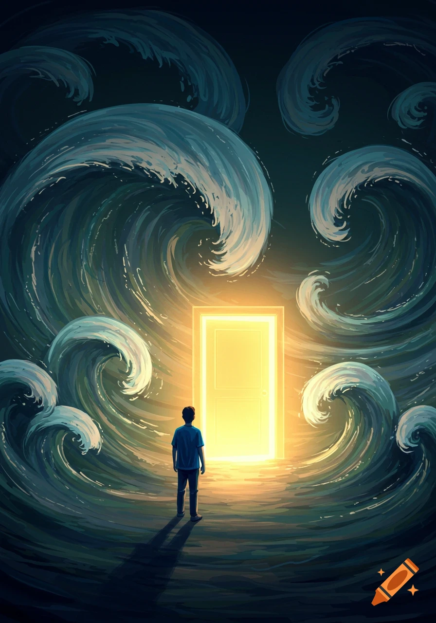 A lone figure stands before a glowing golden door, surrounded by large, dark blue waves in a conceptual illustration.