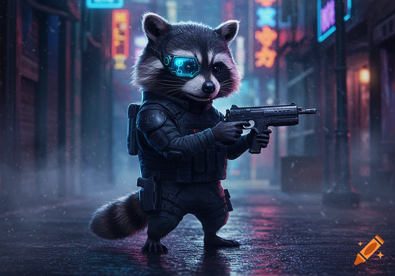 A photorealistic raccoon in tactical gear with a cybernetic eye, holding a submachine gun in a rainy, neon-lit cyberpunk alley.