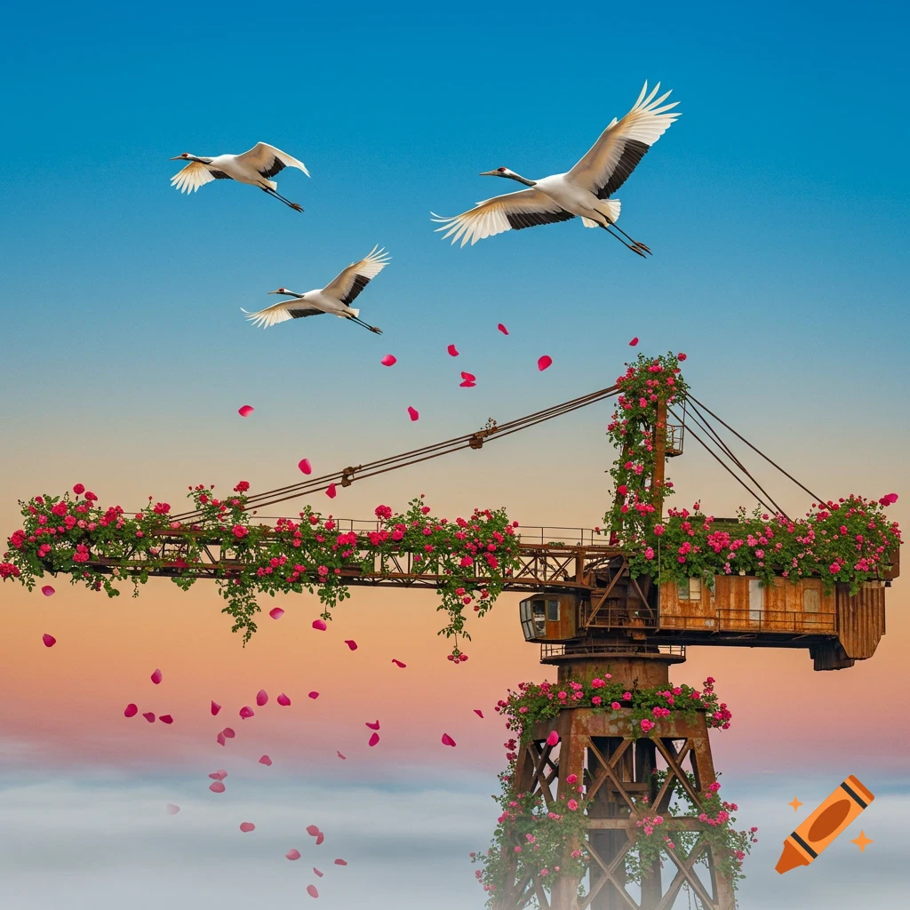 Three white cranes fly over a rusty industrial crane covered in pink roses, with petals falling under a blue and orange sky.