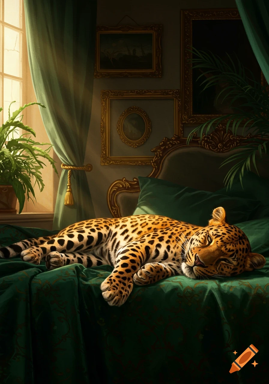 A leopard sleeping peacefully on a rich green bed in a sunlit room with classical decor and green curtains.