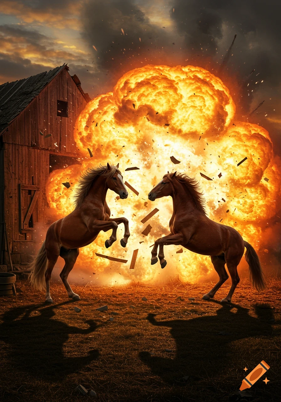 Two horses rear up in front of a massive explosion engulfing a rustic wooden barn under a dramatic, cloudy sky.