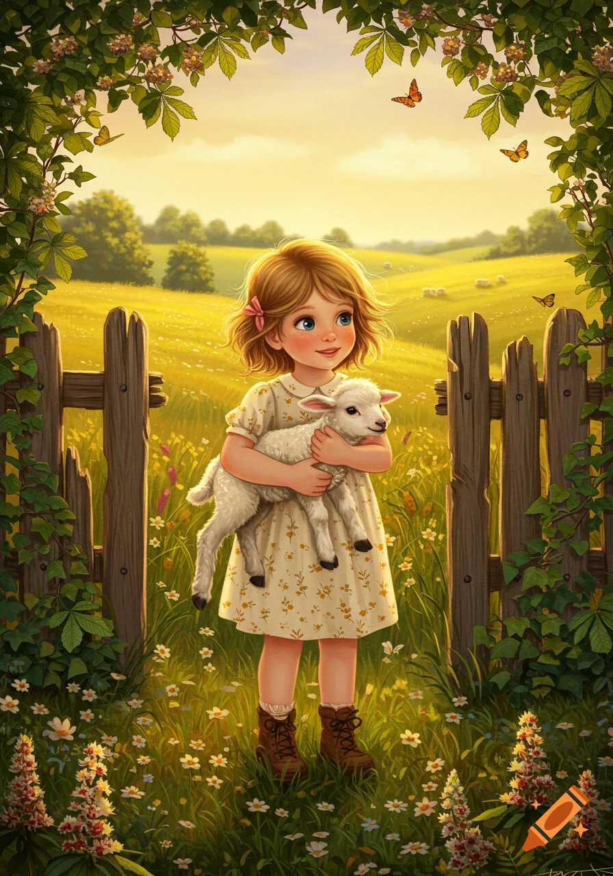 A young girl in a floral dress holds a lamb by a rustic fence in a sunny, wildflower-filled field under green vines.