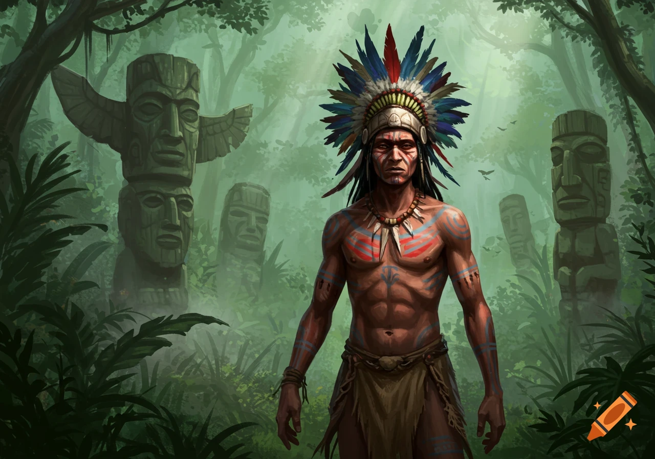 An illustrated man with tribal markings and a feathered headdress stands in a misty jungle among ancient stone totem poles.