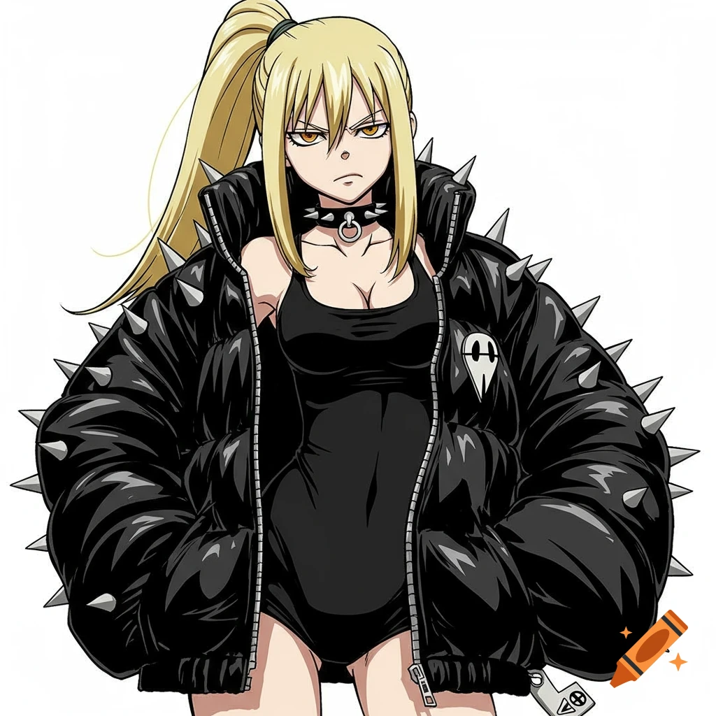 Blonde anime woman in black spiked jacket, choker, and romper with a high ponytail.
