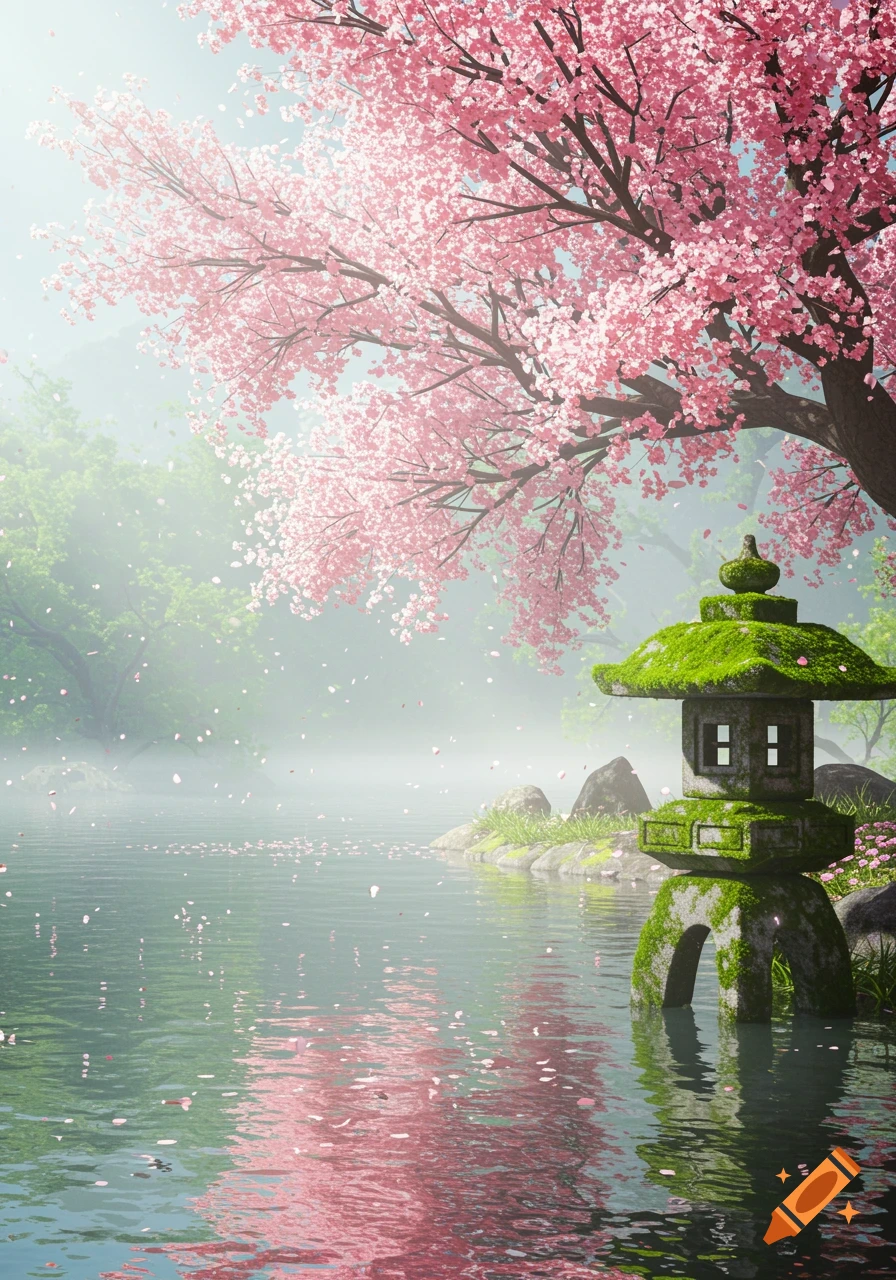 A serene lake scene with a moss-covered Japanese stone lantern by a cherry blossom tree, with pink petals falling onto the misty water.