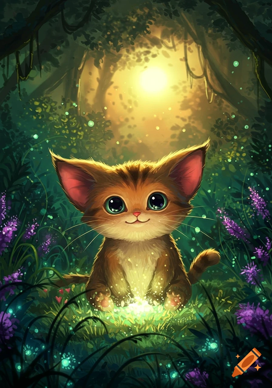 A cute, big-eyed, cartoon cat sits in a magical forest clearing with glowing plants and dappled sunlight.
