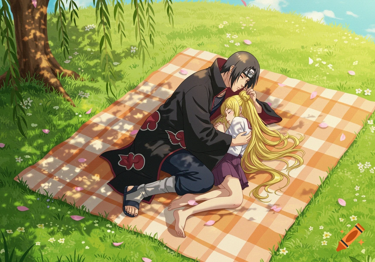 An anime man in a black cloak embracing a blonde anime woman sleeping on a picnic blanket in a grassy park under a willow tree.