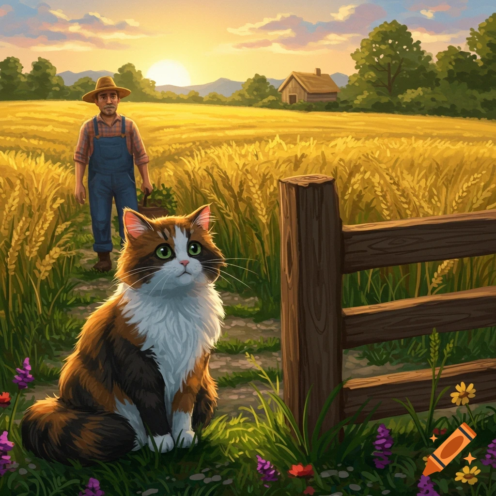 An illustration of a fluffy calico cat sitting in the foreground of a golden wheat field with a farmer walking in the distance at sunset.