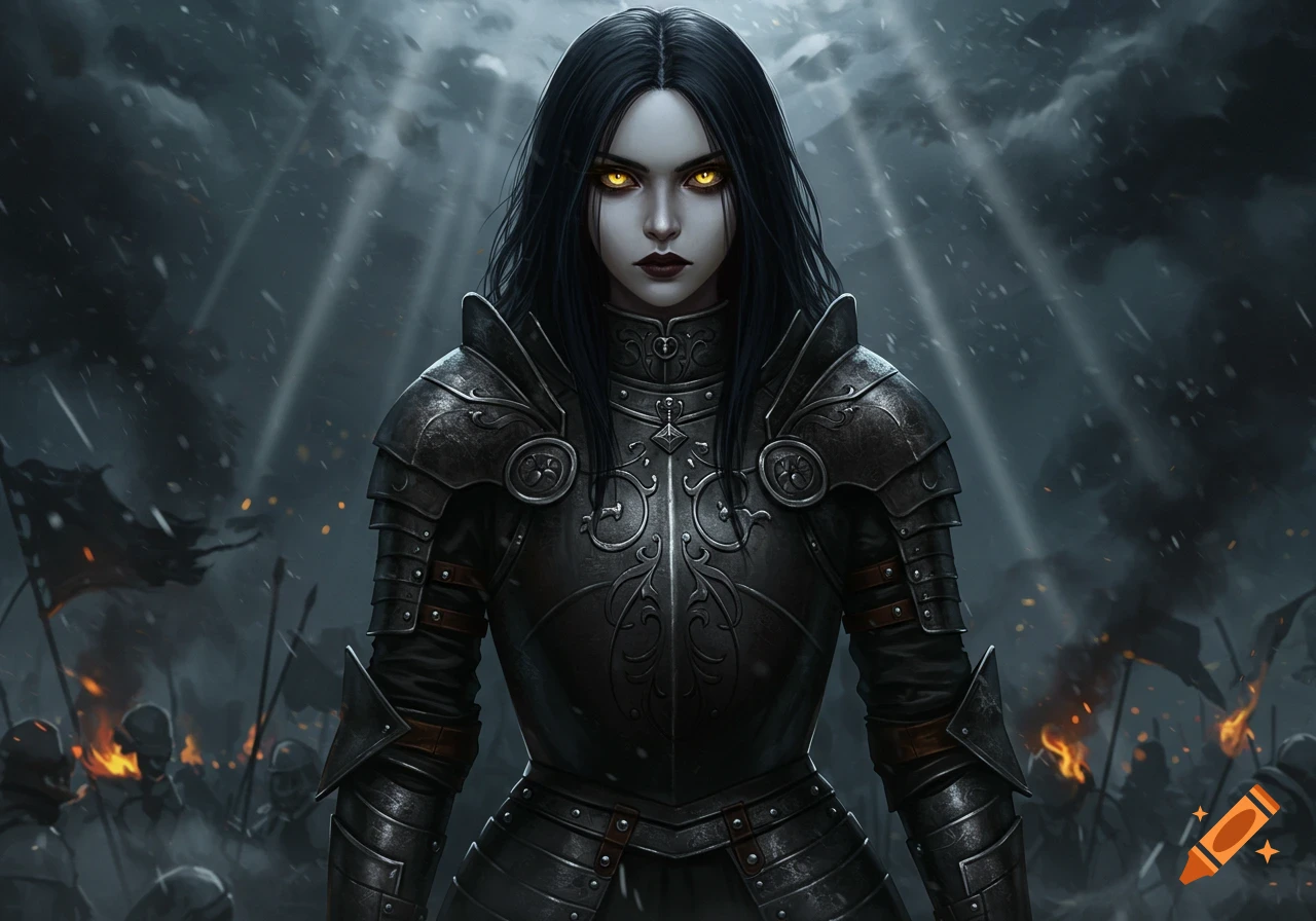 A dark-haired woman with glowing yellow eyes wearing intricate black armor stands on a snowy battlefield under a stormy sky.