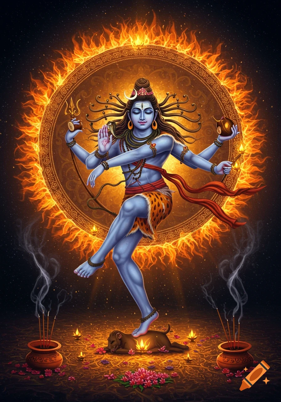 Blue-skinned Hindu deity Shiva dancing with multiple arms, surrounded by a fiery halo, with incense and candles on the ground.