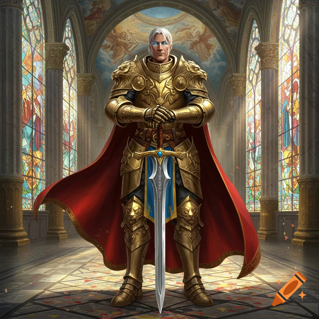 A brave paladin in ornate golden armor and a red cape stands with a sword in a grand cathedral with stained glass windows.