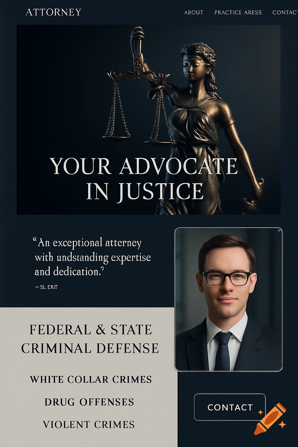 A mock website homepage for an attorney with a bronze statue of Lady Justice, a quote, and a portrait of a man in a suit.