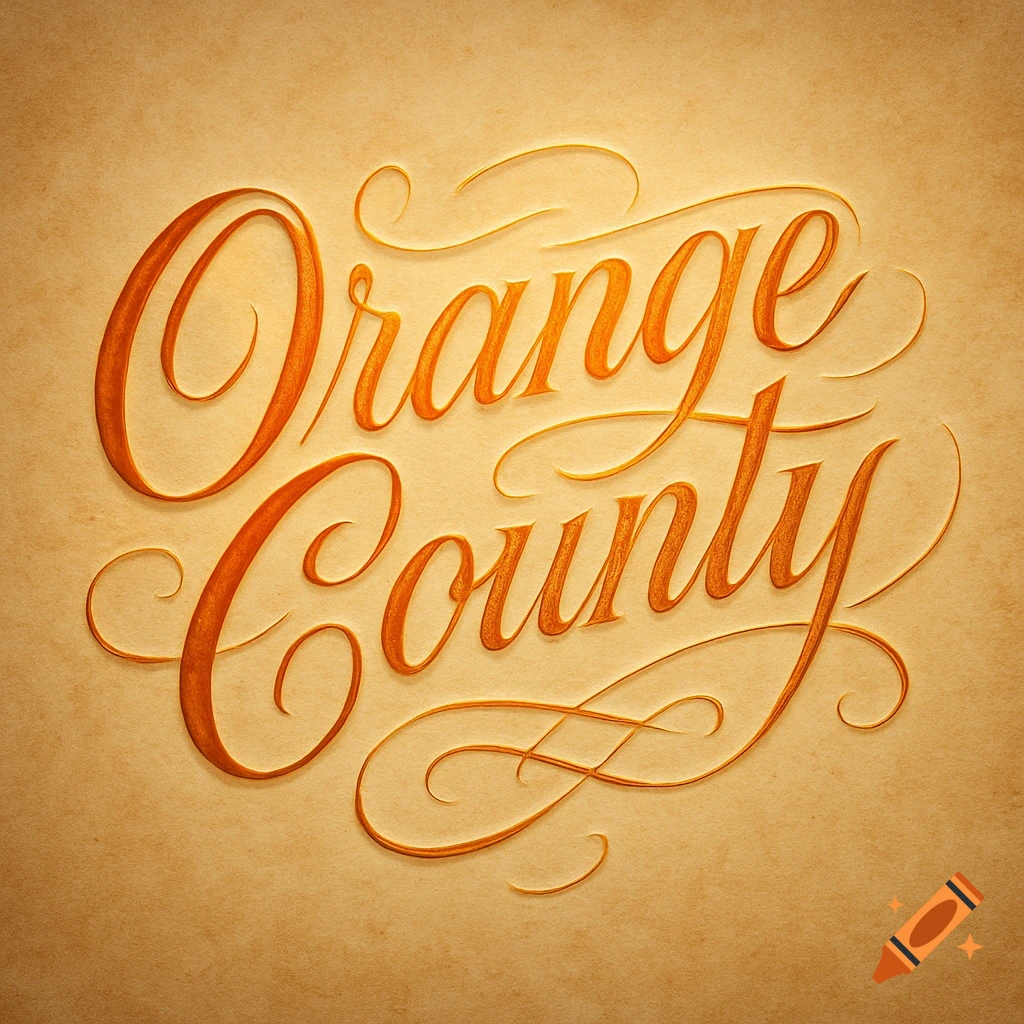 The words 'Orange County' in ornate orange calligraphy on a textured tan background.