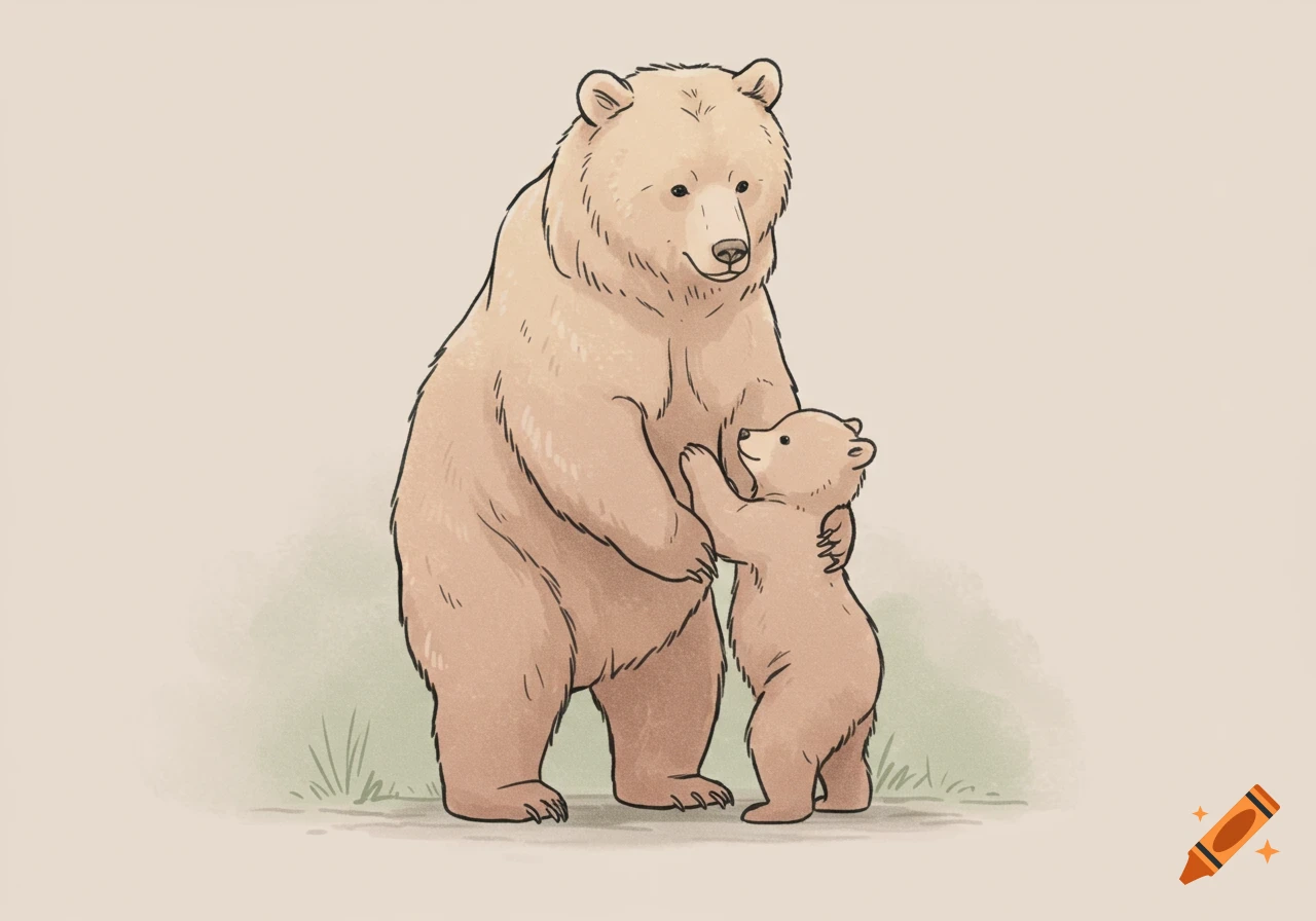 An illustration of a mother bear and cub embracing, drawn with simple lines and soft pastel colors.