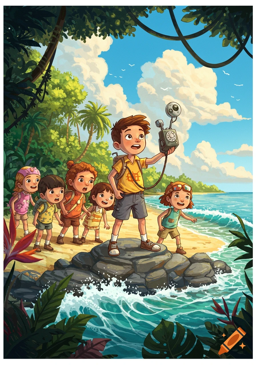 A group of diverse cartoon children, led by a boy holding an old-fashioned device, explore a vibrant tropical beach and jungle.