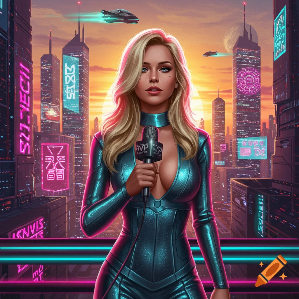 A blonde female reporter in a shiny teal jumpsuit holds a microphone in a futuristic cyberpunk city at sunset, with neon signs and flying vehicles.