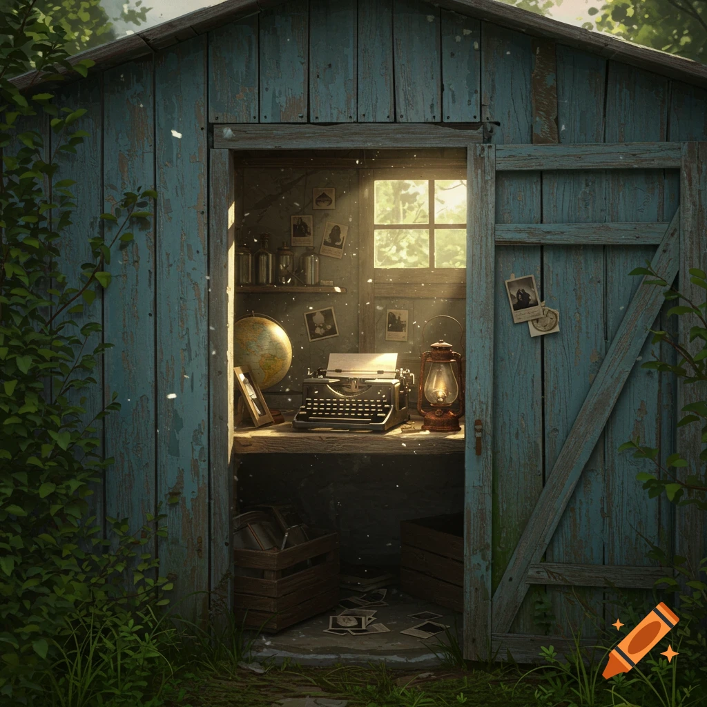 Interior of a rustic teal wooden shed with a sunlit desk, vintage typewriter, globe, lantern, and old photos.