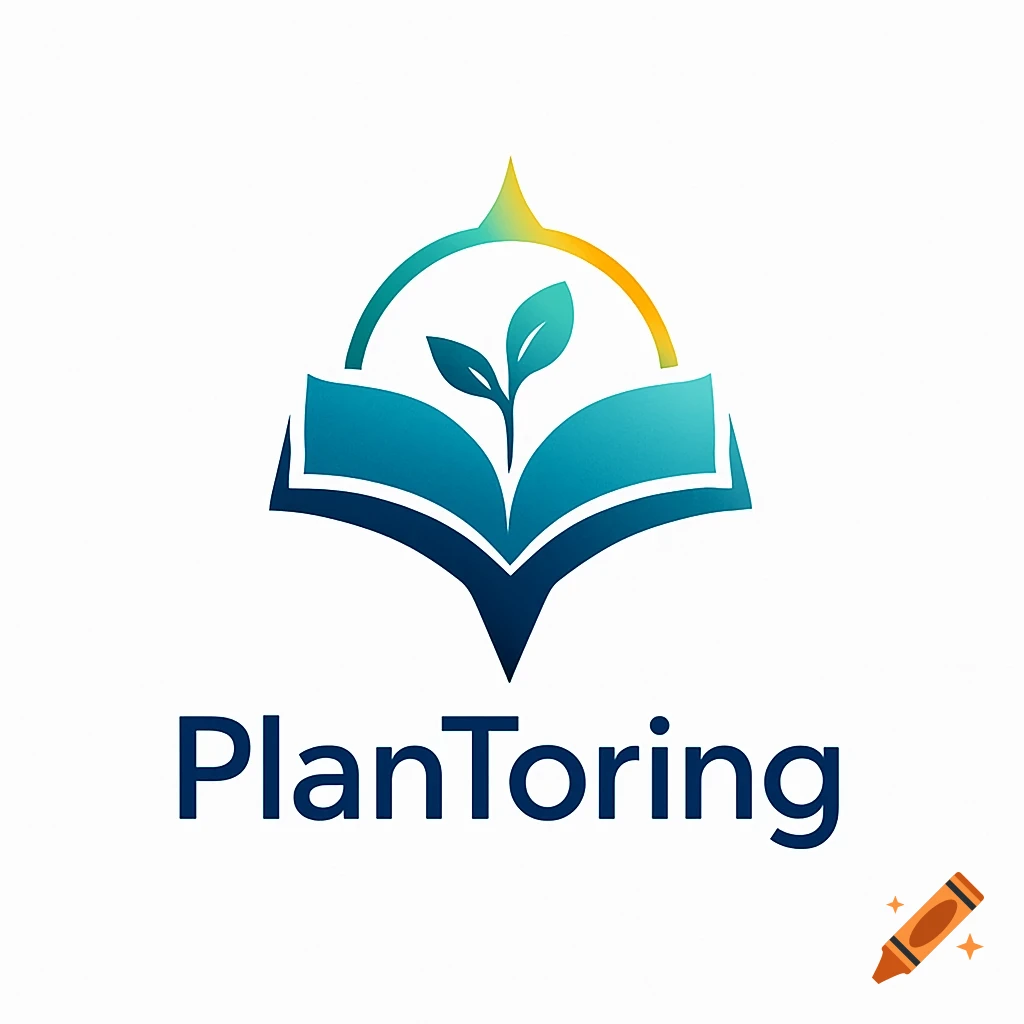 A blue and green logo featuring an open book with a sprout growing from its pages, encircled by a teal and gold compass-like arc, with the word "PlanToring" in blue below it.