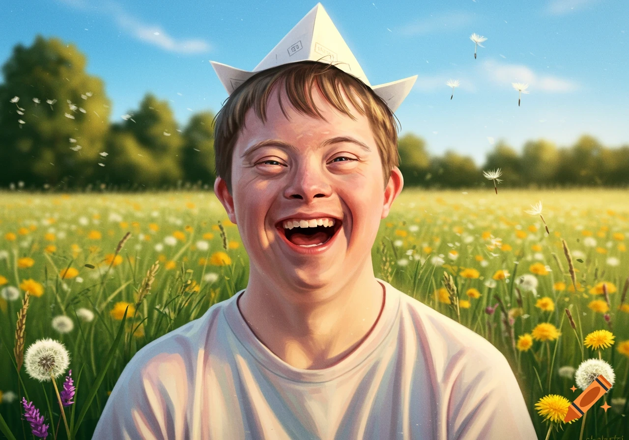A smiling young person with Down syndrome wearing a paper hat, standing in a sunny field with dandelions.