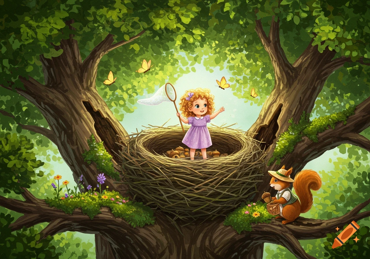 A whimsical illustration of a cute girl with a butterfly net in a giant bird's nest in a tree, with a squirrel collecting acorns.