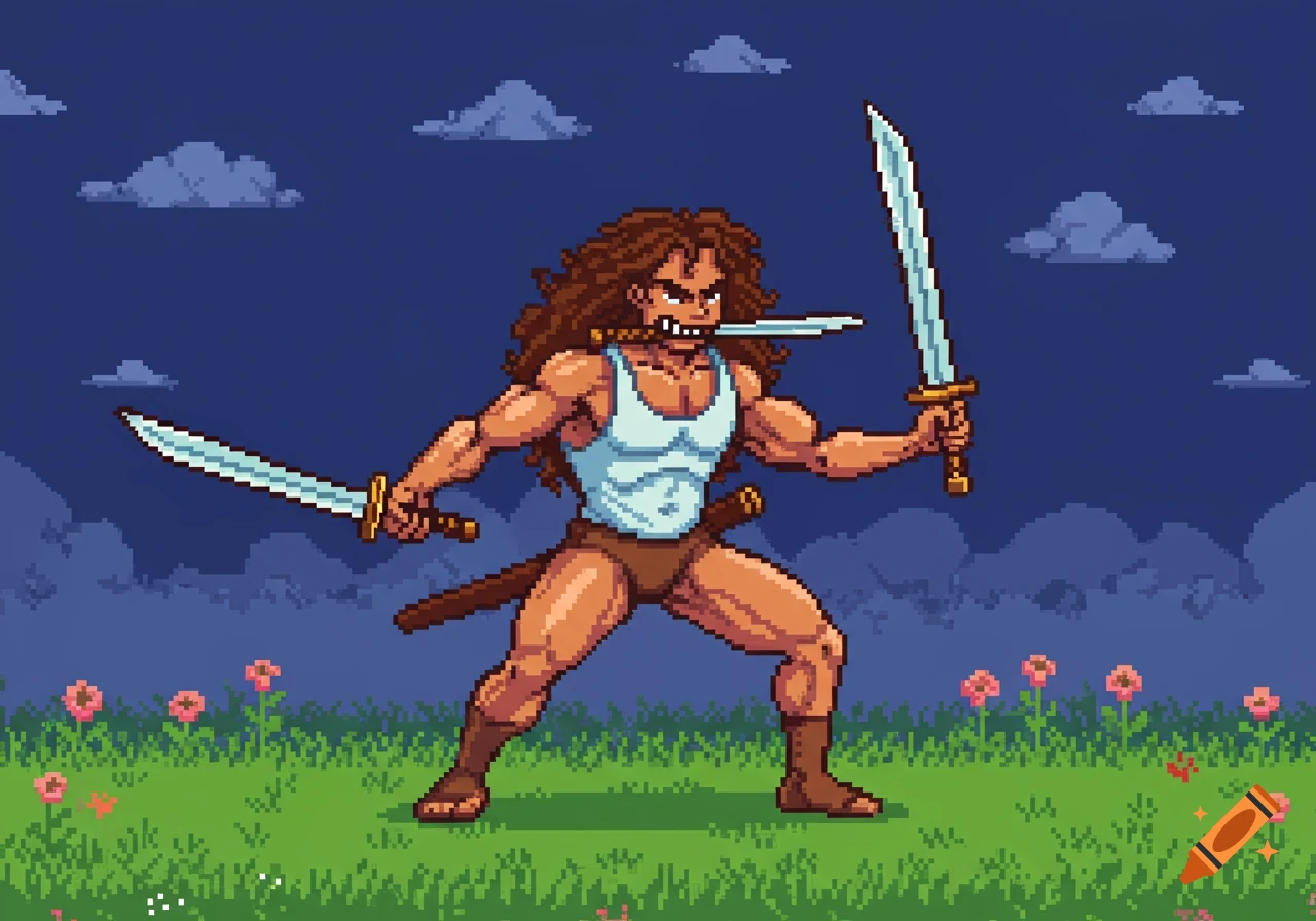 Pixel art of a muscular character with long curly hair holding two swords and one in their mouth, standing in a grassy field at dusk.